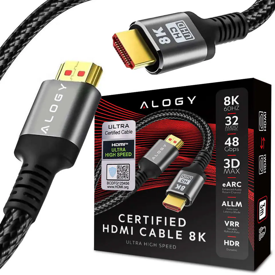 ⁨Kabel HDMI 2.1 Alogy 3m 4K 8K PREMIUM MIEDŹ ULTRA High Speed 60Hz 48GBps Czarny⁩ w sklepie Wasserman.eu