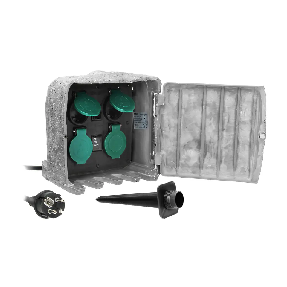 ⁨Garden socket STONE, 4x2P+Z (schuko), rubber cable H07RN-F 3x1,5mm?, 3m, 2 operating modes: automatic (max.1100W)/manual (max.3680W)⁩ at Wasserman.eu