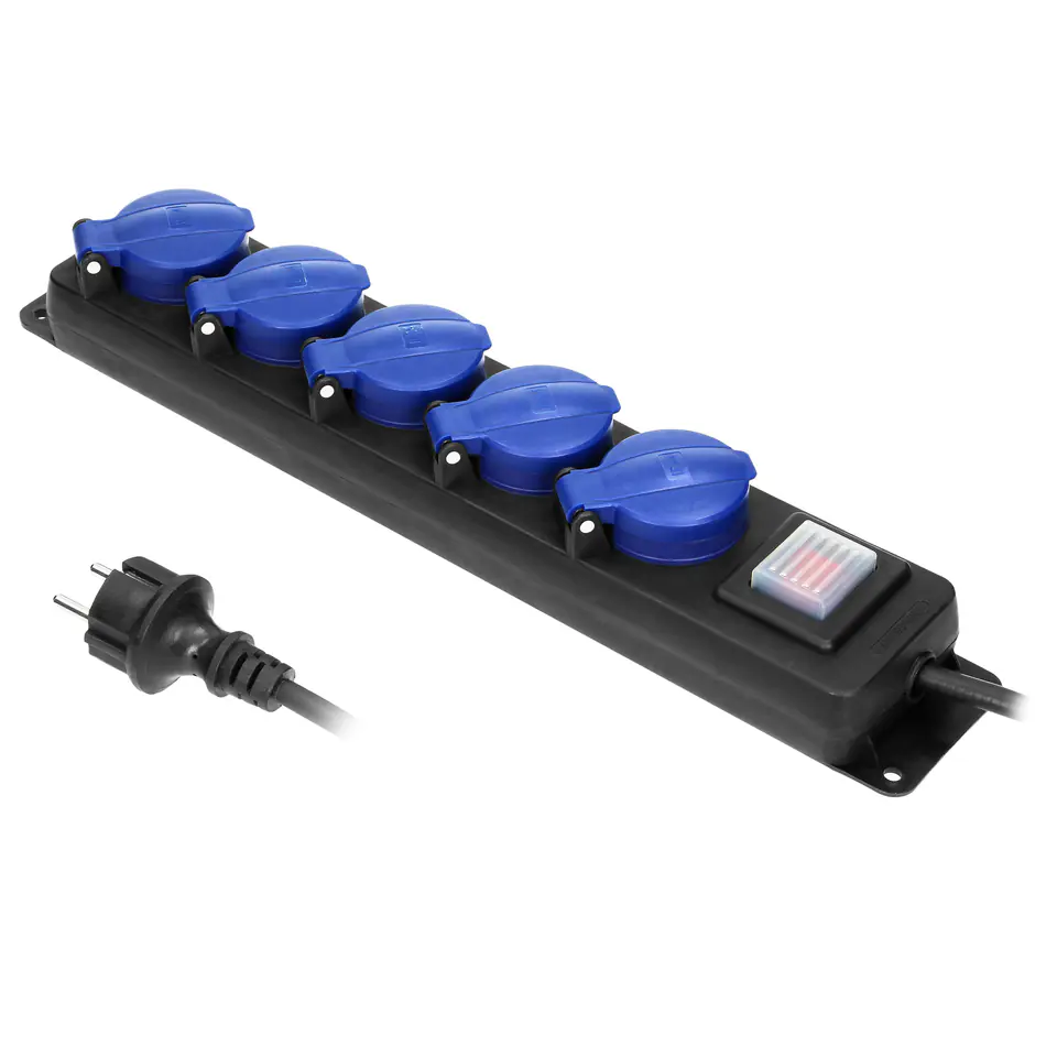 ⁨Workshop extension cord splash-proof with switch, 5 sockets 2P+Z (schuko), IP44, rubber cable, H05RR-F 3x1,5mm?, length 5m⁩ at Wasserman.eu