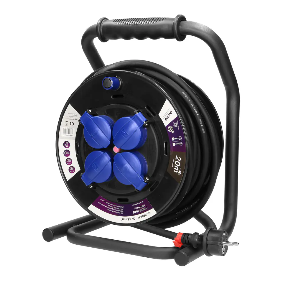 ⁨Professional drum extension cable IP44, 4 sockets 2P+Z (schuko), oil-resistant rubber cable, H07RN-F 3x2.5mm2, length 20m, unique CUBE stand, FIXED SOCKETS, thermal, current track apertures.⁩ at Wasserman.eu