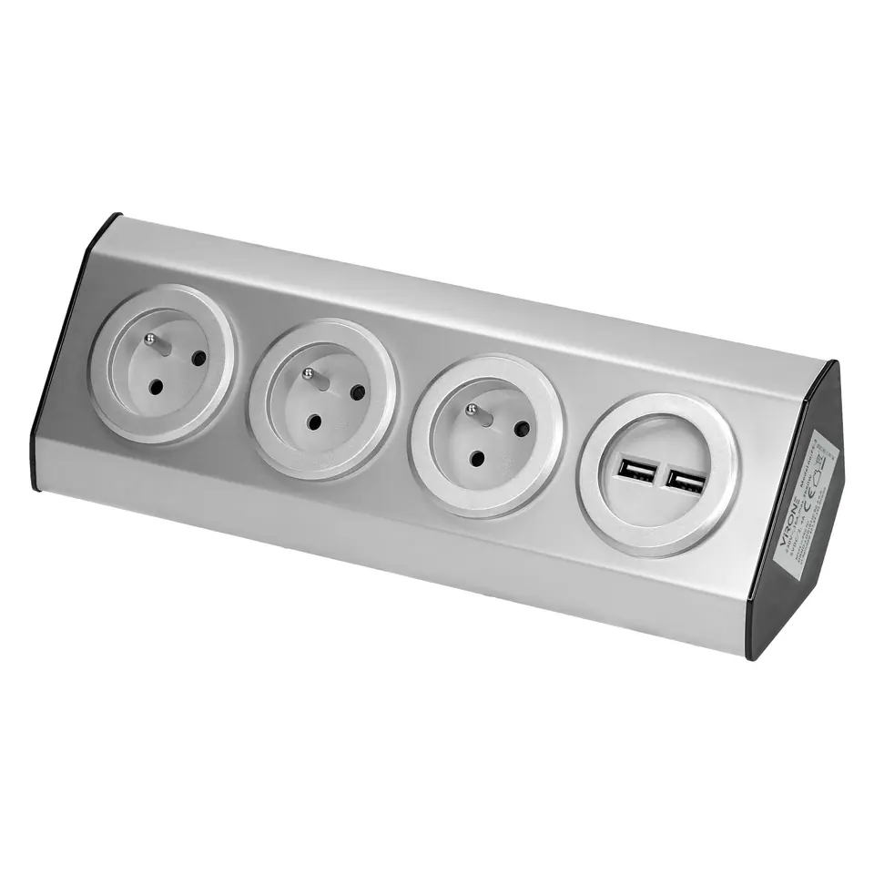 ⁨Gniazdo meblowe, kuchenne montowane na rzepy, z ładowarką USB - 3x2P+Z, 2xUSB, INOX.⁩ w sklepie Wasserman.eu