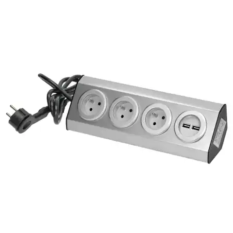 ⁨Gniazdo meblowe, kuchenne  z ładowarką USB, montowane na rzepy z przewodem 1,5m - 3x2P+Z, 2xUSB, INOX z przewodem 1,5m.⁩ w sklepie Wasserman.eu