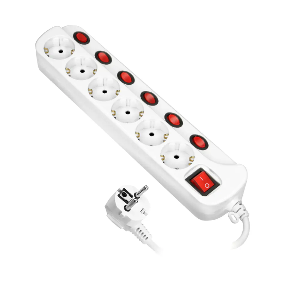 ⁨Power strip "Multiswitch", 6 sockets 2P+Z (schuko), cable 3x1.5mm?, length 1.5m, with illuminated circuit breakers: main double-track and separate switches of each socket. Thermal switch. 16A/230 VAC⁩ at Wasserman.eu