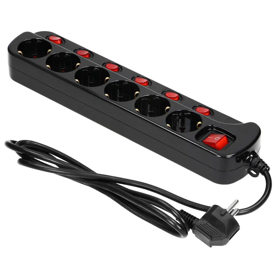 ⁨Power strip "Multiswitch", 6 outlets 2P+Z (Schuko), cable 3x1.0mm?, length 1.5m. Thermal switch. 10A/230 VAC, black⁩ at Wasserman.eu