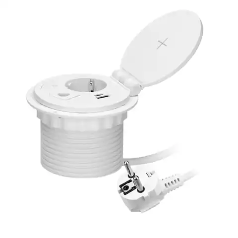 ⁨Gniazdo meblowe ?8cm wpuszczane w blat z ładowarką indukcyjną, ładowarką USB z 2 gniazdami A i C, przelotką kablową z przewodem 1,8m, 1x2P+Z (Schuko), 2xUSB 2,4A 5V, białe⁩ w sklepie Wasserman.eu