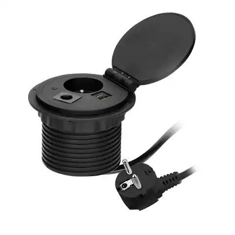 ⁨Furniture socket ?8cm recessed into the table top with induction charger, USB charger with 2 A and C sockets, cable grommet with 1.8m cable, 1x2P+Z, 2xUSB 2.4A 5V, black⁩ at Wasserman.eu