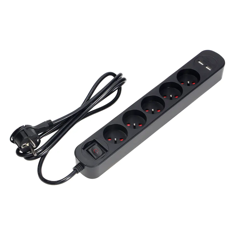 ⁨Surge protector, 5 2P+Z sockets, 1.5m cable, with double-track illuminated switch. 10A/230 VAC, Charger 2xUSB 2,1A. Flat plug⁩ at Wasserman.eu