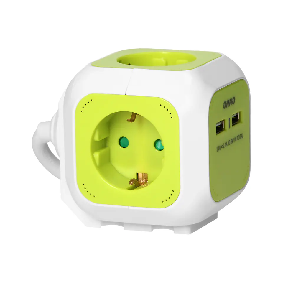 ⁨Extension cord Cube 4-fold (Schuko) with charger 2xUSB 1,4m lime⁩ at Wasserman.eu