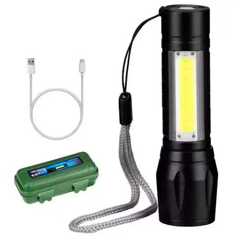 ⁨Latarka taktycznia Mini światło klasyczne 9cm LED COB T6 z regulacją Zoom kieszonkowa czarna⁩ w sklepie Wasserman.eu