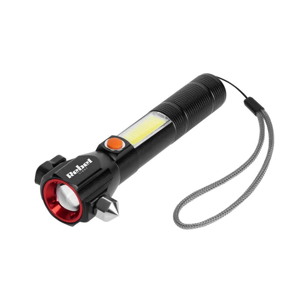 ⁨Akumulatorowa latarka wielofunkcyjna  REBEL (zoom, nożyk, młotek do szyby)⁩ w sklepie Wasserman.eu