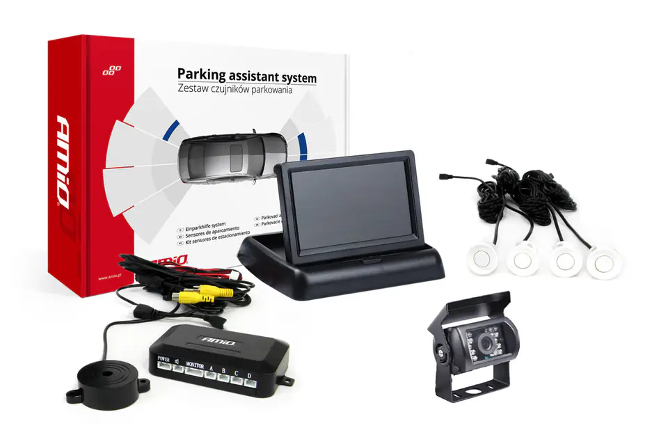 ⁨Zestaw czujników parkowania tft02 4,3" z kamerą hd-501-ir 4 sensory białe⁩ w sklepie Wasserman.eu