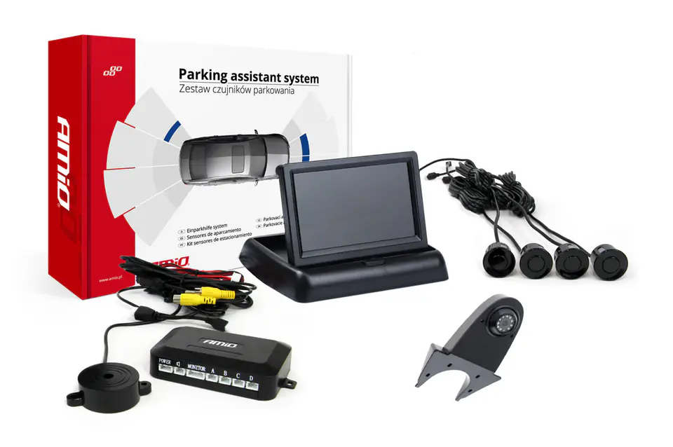 ⁨Zestaw czujników parkowania tft02 4,3" z kamerą hd-502-ir 4 sensory czarne⁩ w sklepie Wasserman.eu