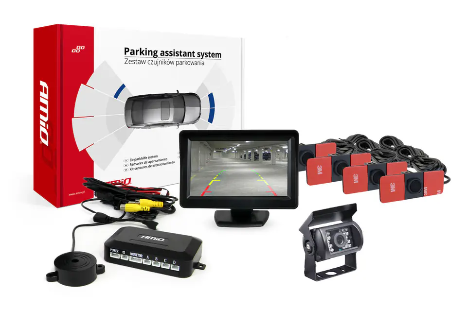 ⁨Parking sensor set tft01 4.3" with hd-501-ir camera 4 sensors black internal⁩ at Wasserman.eu