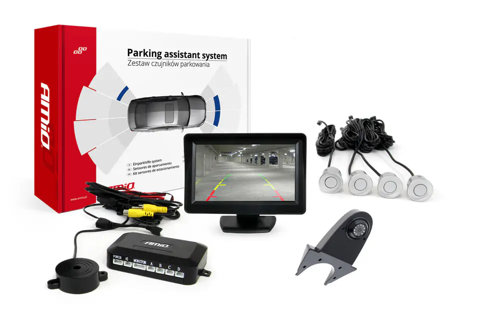 ⁨Zestaw czujników parkowania tft01 4,3" z kamerą hd-502-ir 4 sensory srebrne⁩ w sklepie Wasserman.eu