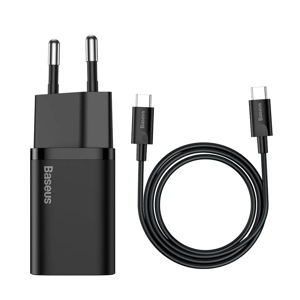 ⁨Ładowarka sieciowa usb-c baseus mini power delivery 25w z kablem usb-c 100 cm czarna⁩ w sklepie Wasserman.eu