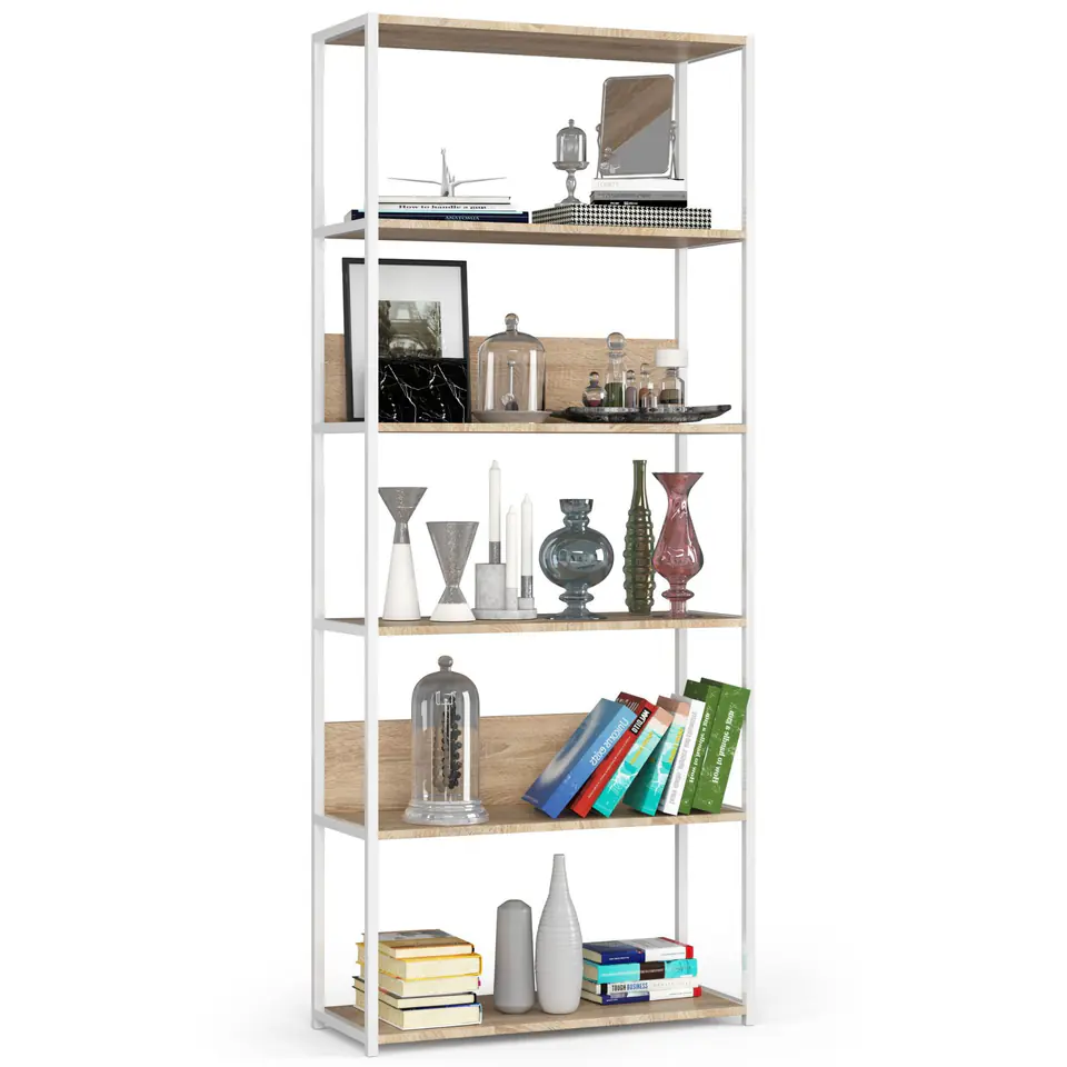 Regał loftowy metalowy 80 cm - biały-dąb sonoma - 6 półek w sklepie Wasserman.eu