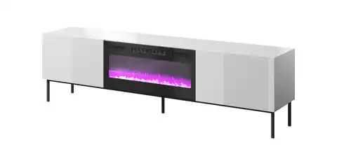 ⁨RTV SLIDE 200K cabinet with an electric fireplace on a black frame 200x40x57 cm all in white gloss⁩ at Wasserman.eu