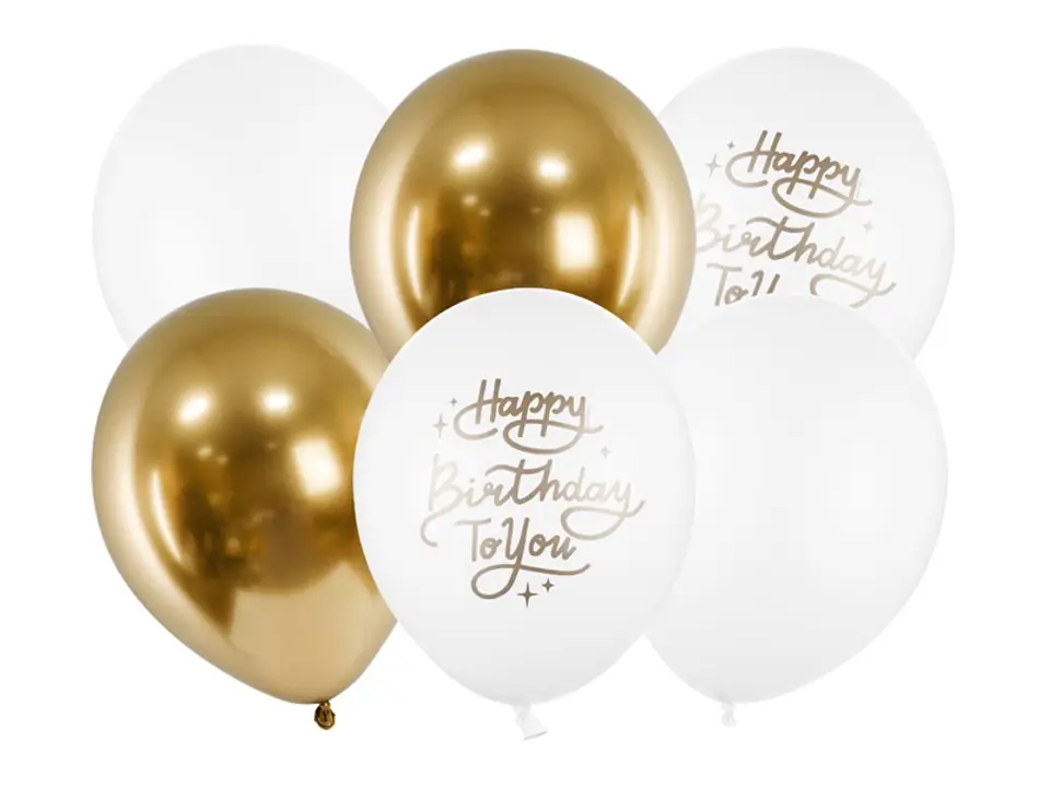 ⁨Balony urodzinowe Happy Birthday To You złoty biały 30cm 6szt⁩ w sklepie Wasserman.eu