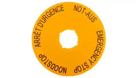 ⁨Tabliczka opisowa żółta okrągła fi90 EMERGENCY STOP (DE, GB, NL, F) M22-XAK3 216467⁩ w sklepie Wasserman.eu