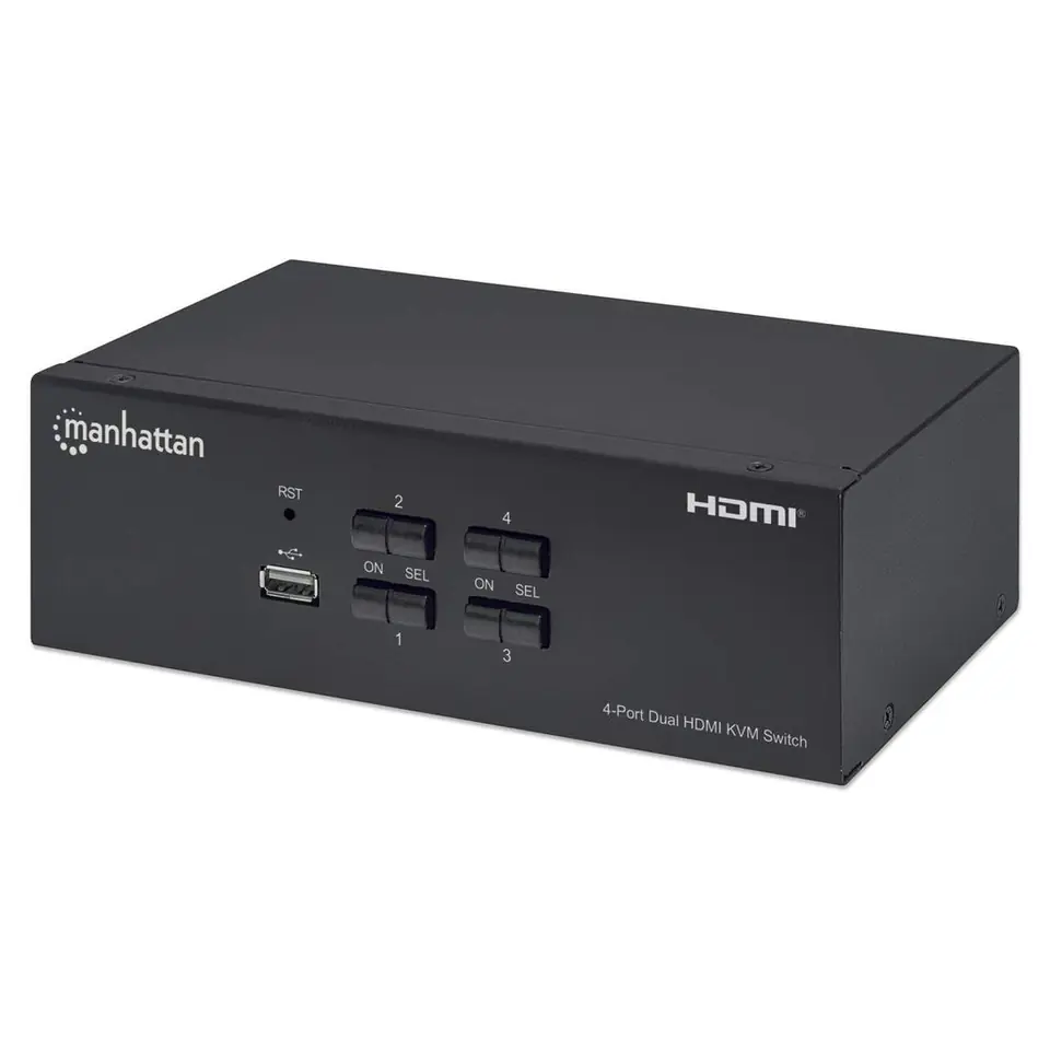 ⁨Manhattan HDMI KVM Switch 4-Port, 4K@30Hz, USB-A/3.5mm Audio/Mic Connections, Cables included, Audio Support, Control 4x computers from one pc/mouse/screen, USB Powered, Black, Three Year Warranty, Boxed⁩ at Wasserman.eu