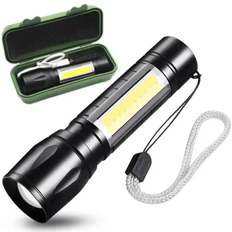 Latarka akumulatorowa USB, 3 tryby, mocna XPE+COB w sklepie Wasserman.eu