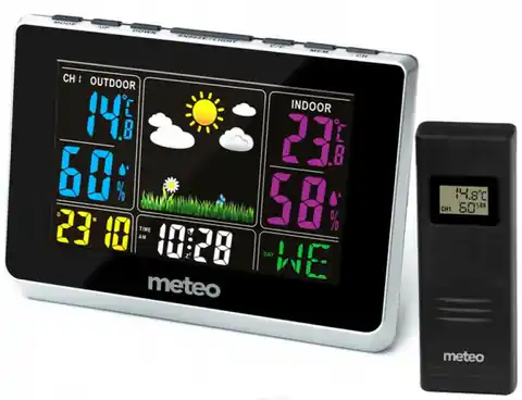⁨Stacja pogody Meteo SP62S, czujnik, kol. wyśw. zegar, higrometr, srebrny⁩ w sklepie Wasserman.eu
