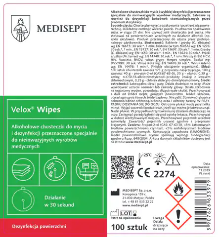 ⁨Velox Wipes Medisept puszka 100 szt. Chusteczki do dezynfekcji różnorodnych powierzchni sprzętu medycznego z tworzyw sztucznych⁩ w sklepie Wasserman.eu