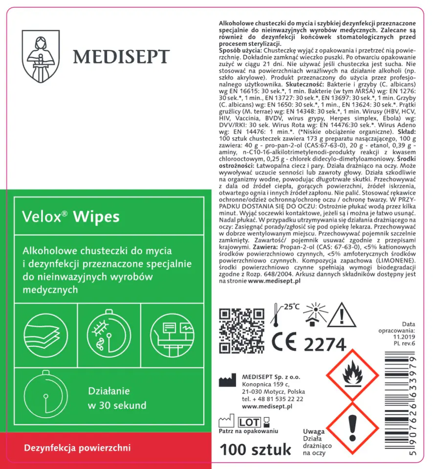 ⁨Velox Wipes Medisept puszka 100 szt. Chusteczki do dezynfekcji różnorodnych powierzchni sprzętu medycznego z tworzyw sztucznych⁩ w sklepie Wasserman.eu