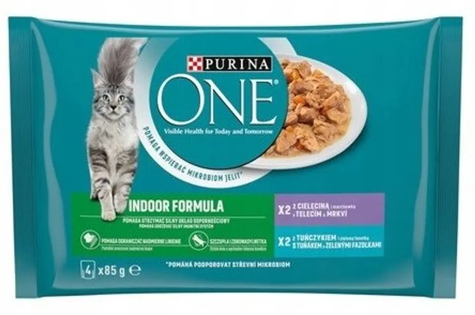 ⁨PURINA One Indoor Tuńczyk, Cielęcina - mokra karma dla kota - 4x85 g⁩ w sklepie Wasserman.eu