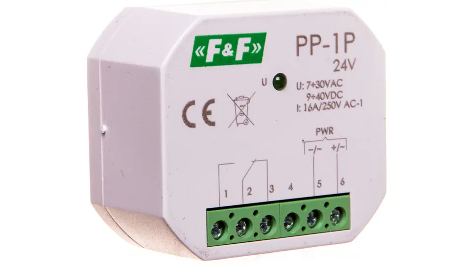 ⁨Przekaźnik elektromagnetyczny 1P 16A 7-30V AC/9-40V DC PP-1P-24V⁩ w sklepie Wasserman.eu