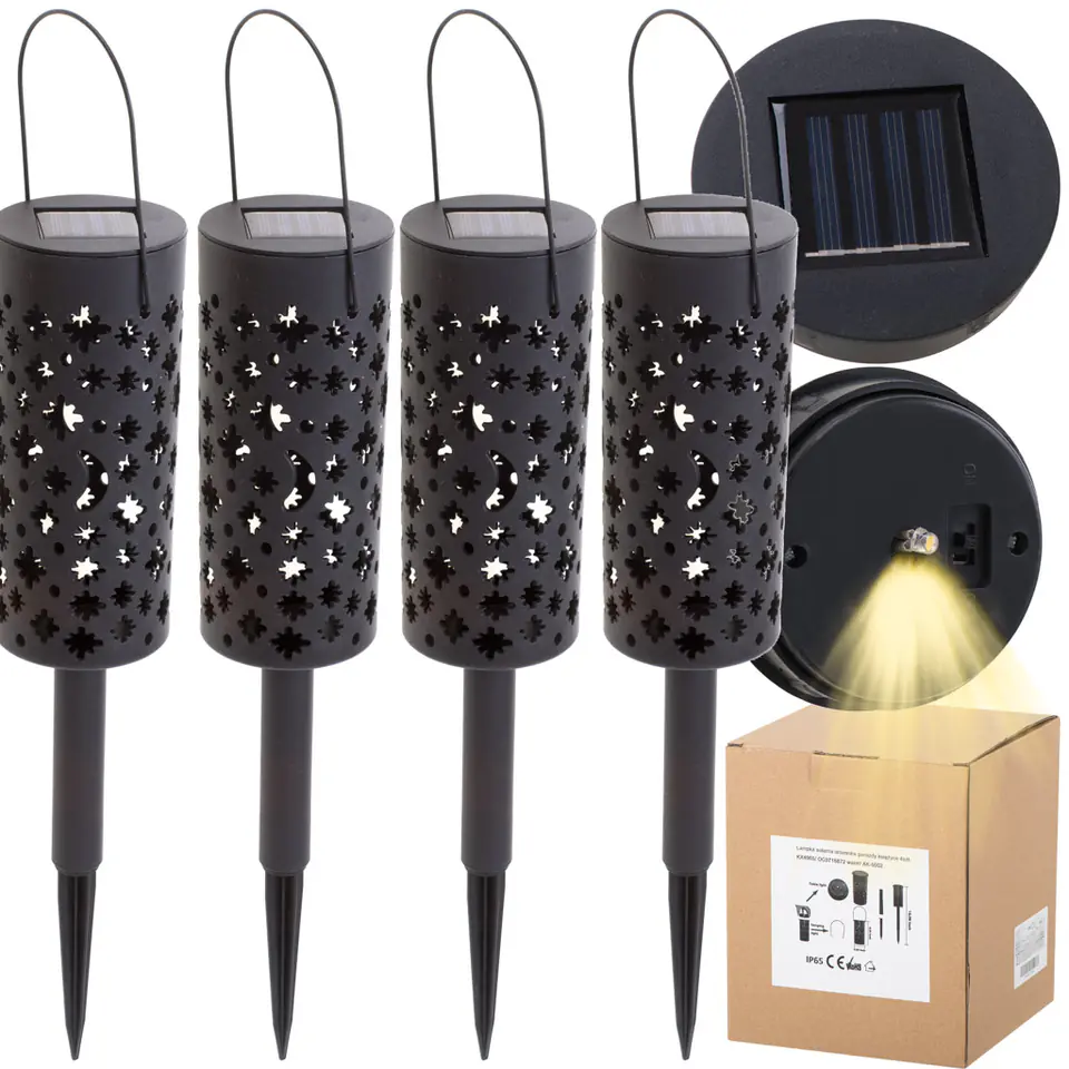 ⁨Lampa solarna ogrodowa ażurowa latarenka lampion LED czujnik zmierzchu wbijana 4szt.⁩ w sklepie Wasserman.eu