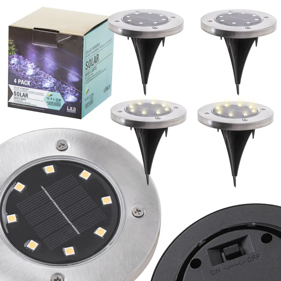 ⁨Lampy ogrodowe solarne najazdowe gruntowe czujnik zmierzchu wbijane świecący dysk 8LED 4szt. zimny biały⁩ w sklepie Wasserman.eu
