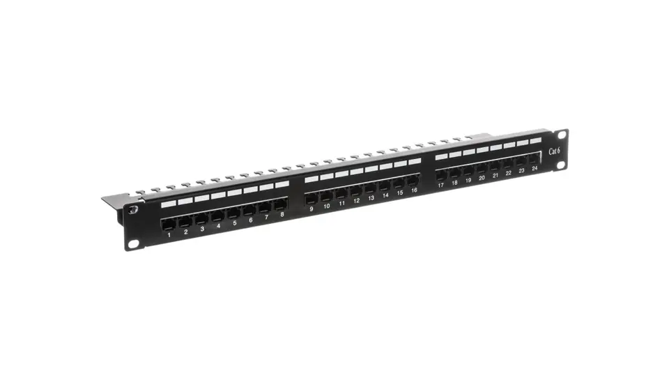 ⁨Patch panel kompletny 19 cali 24x RJ45 U/UTP kat. 6 1U z tacką czarny (RAL 9005) DN-91624U-EC⁩ w sklepie Wasserman.eu