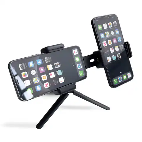 ⁨Podwójny regulowany uchwyt na smartfony z tripodem czarny (E-type live dual camera)⁩ w sklepie Wasserman.eu