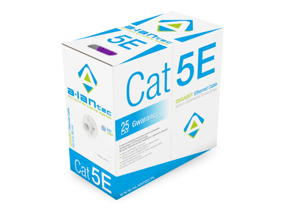 ⁨Kabel U/UTP kat.5e, teleinformatyczny, LSOH, Dca 4x2x24 AWG, 1Gb/s, 250 MHz, gwarancja 25 lat, certyfikat INTERTEK ETL, fioletowy, 305m - ALANTEC⁩ w sklepie Wasserman.eu