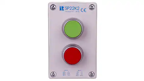⁨Kaseta sterownicza 2-otworowa z przyciskami zielony/czerwony szara IP65 SP22K2\01-1⁩ w sklepie Wasserman.eu