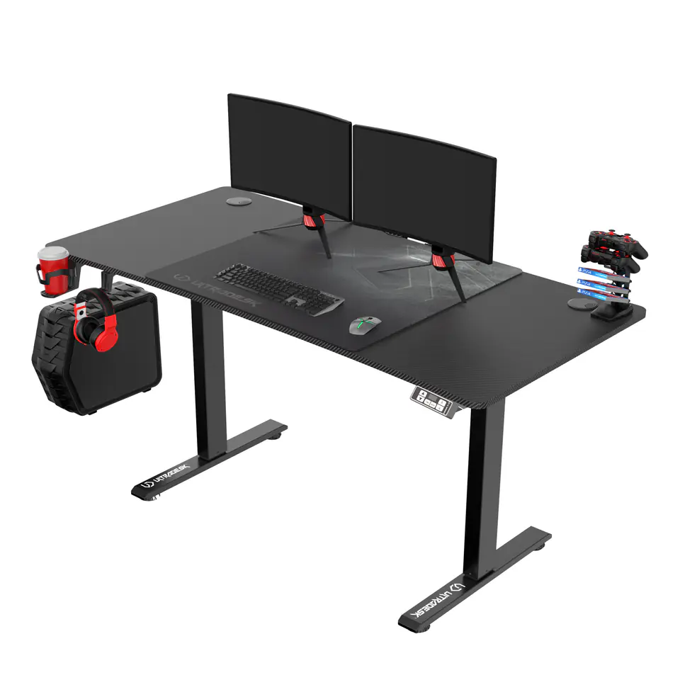 ⁨ULTRADESK Gaming desk LEVEL BLACK, 140x66cm, 72-124cm, electronically adjustable, with XXL mouse pad, headphone holder⁩ at Wasserman.eu