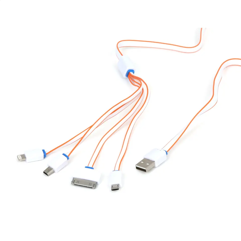 ⁨OMEGA USB UNIVERSAL CHARGING CABLE KIT 4 IN 1: MICRO USB + MINI USB + IPHONE4 + LIGHTNING - WHITE & ORANGE⁩ at Wasserman.eu