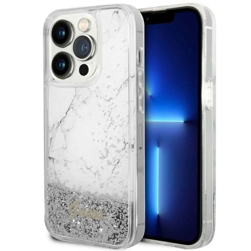 ⁨Guess GUHCP14LLCSGSGH iPhone 14 Pro 6.1" biały/white hardcase Liquid Glitter Marble⁩ w sklepie Wasserman.eu