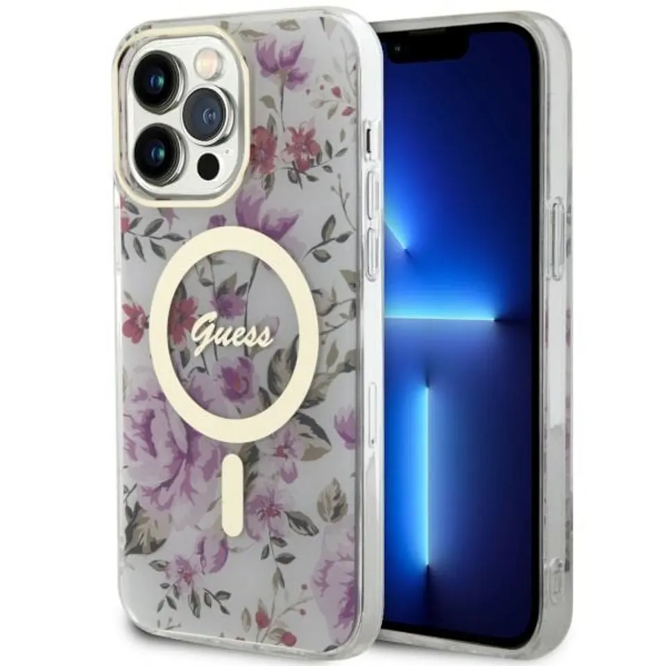 ⁨Guess GUHMP14LHCFWST iPhone 14 Pro 6.1" transparent hardcase Flower MagSafe⁩ w sklepie Wasserman.eu