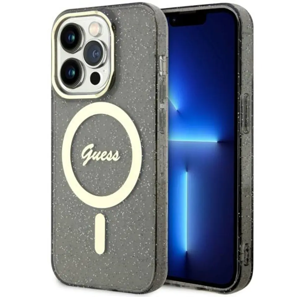 ⁨Guess GUHMP14LHCMCGK iPhone 14 Pro 6.1" czarny/black hardcase Glitter Gold MagSafe⁩ w sklepie Wasserman.eu