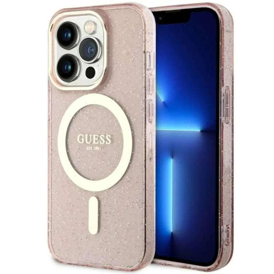 ⁨Guess GUHMP14LHCMCGP iPhone 14 Pro 6.1" różowy/pink hardcase Glitter Gold MagSafe⁩ w sklepie Wasserman.eu