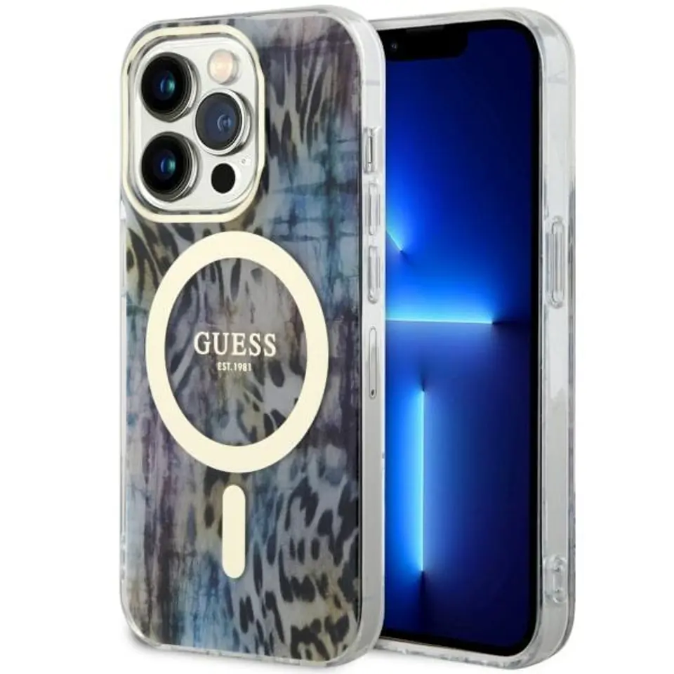 ⁨Guess GUHMP14XHLEOPWB iPhone 14 Pro Max 6.7" niebieski/blue hardcase Leopard MagSafe⁩ w sklepie Wasserman.eu