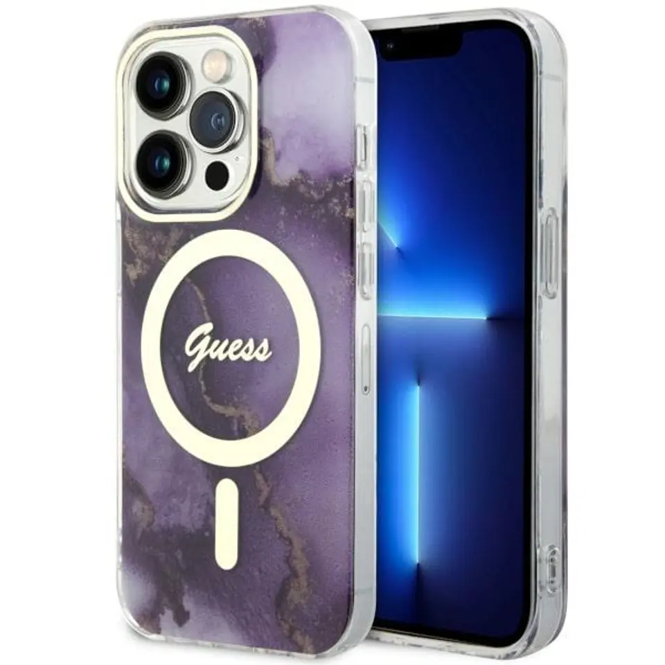 ⁨Guess GUHMP14LHTMRSU iPhone 14 Pro 6.1" purpurowy/purple hardcase Golden Marble MagSafe⁩ w sklepie Wasserman.eu