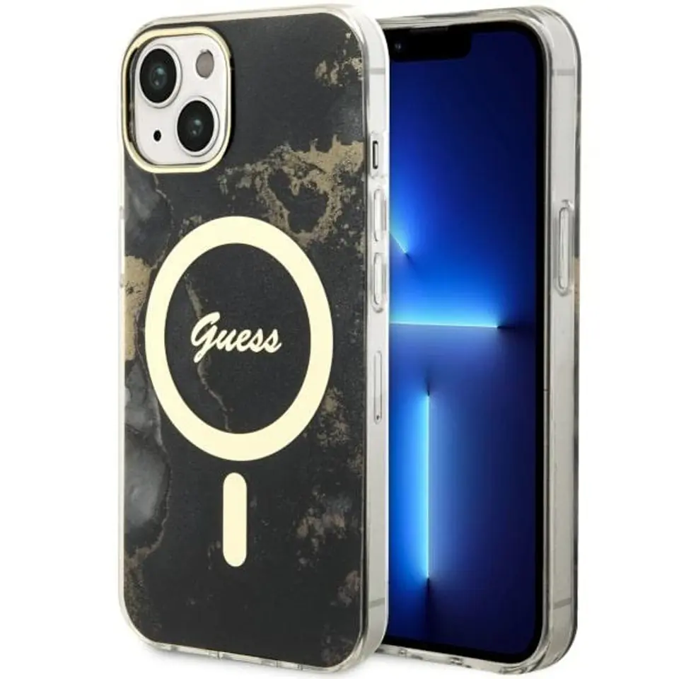 ⁨Guess GUHMP14SHTMRSK iPhone 14 6.1" czarny/black hardcase Golden Marble MagSafe⁩ w sklepie Wasserman.eu