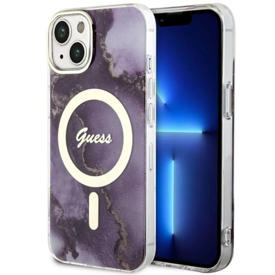 ⁨Guess GUHMP14SHTMRSU iPhone 14 6.1" purpurowy/purple hardcase Golden Marble MagSafe⁩ w sklepie Wasserman.eu