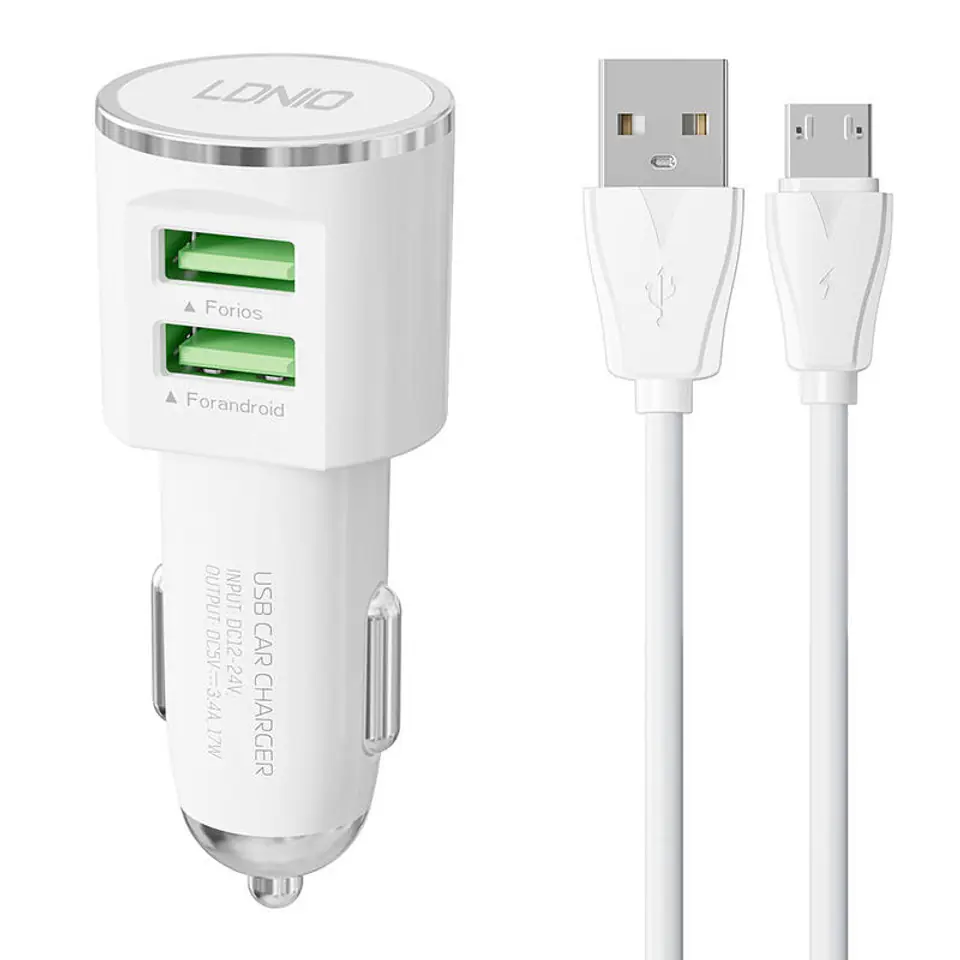 ⁨Ładowarka samochodowa LDNIO DL-C29, 2x USB, 3.4A + kabel Micro USB (biała)⁩ w sklepie Wasserman.eu