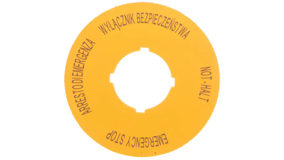 ⁨Tabliczka opisowa żółta okrągła EMERGENCY STOP (4 języki) M22-XBK15 167638⁩ w sklepie Wasserman.eu