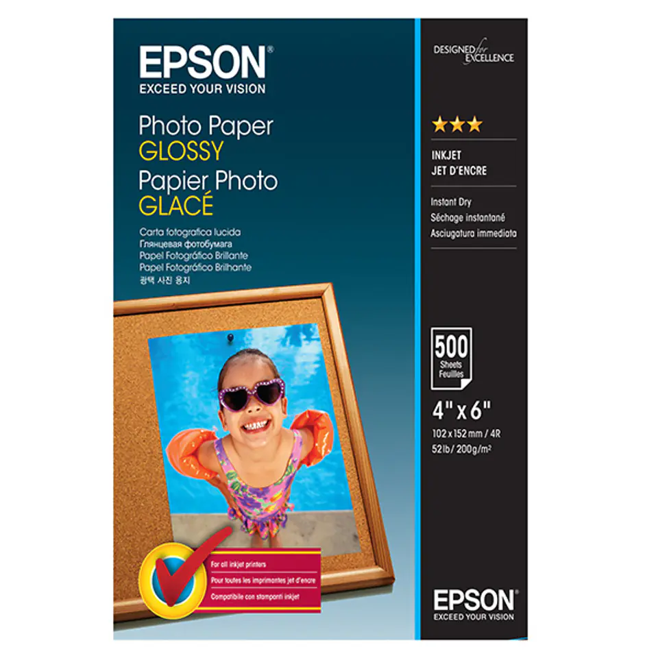 ⁨Epson Photo Paper, C13S042549, foto papier, połysk, biały, 10x15cm, 4x6", 200 g/m2, 500 szt., atrament⁩ w sklepie Wasserman.eu