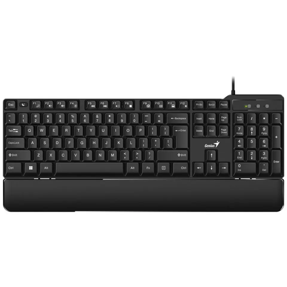 ⁨Genius KB-100XP, klawiatura CZ/SK, klasyczna, wodoodporna rodzaj przewodowa (USB), czarna, ergo podkładka pod nadgarstki⁩ w sklepie Wasserman.eu